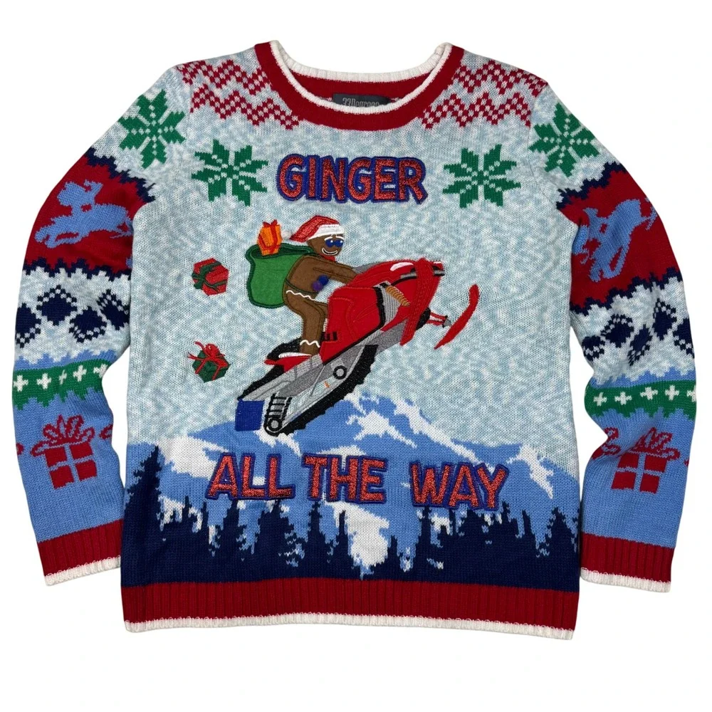 33 Degrees Gingerbread Man Snowmobile Ugly Christmas‎ Sweater Kids L 14 16 Gift